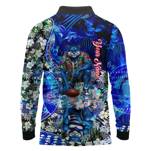 Personalized Geelong Football Cats Long Sleeve Polo Shirt Tropical Hibiscus Flowers - Pacific Fusion Style