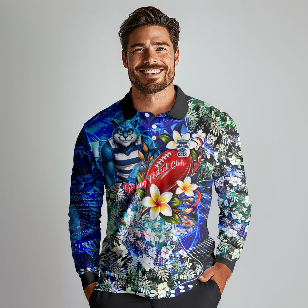 Personalized Geelong Football Cats Long Sleeve Polo Shirt Tropical Hibiscus Flowers - Pacific Fusion Style
