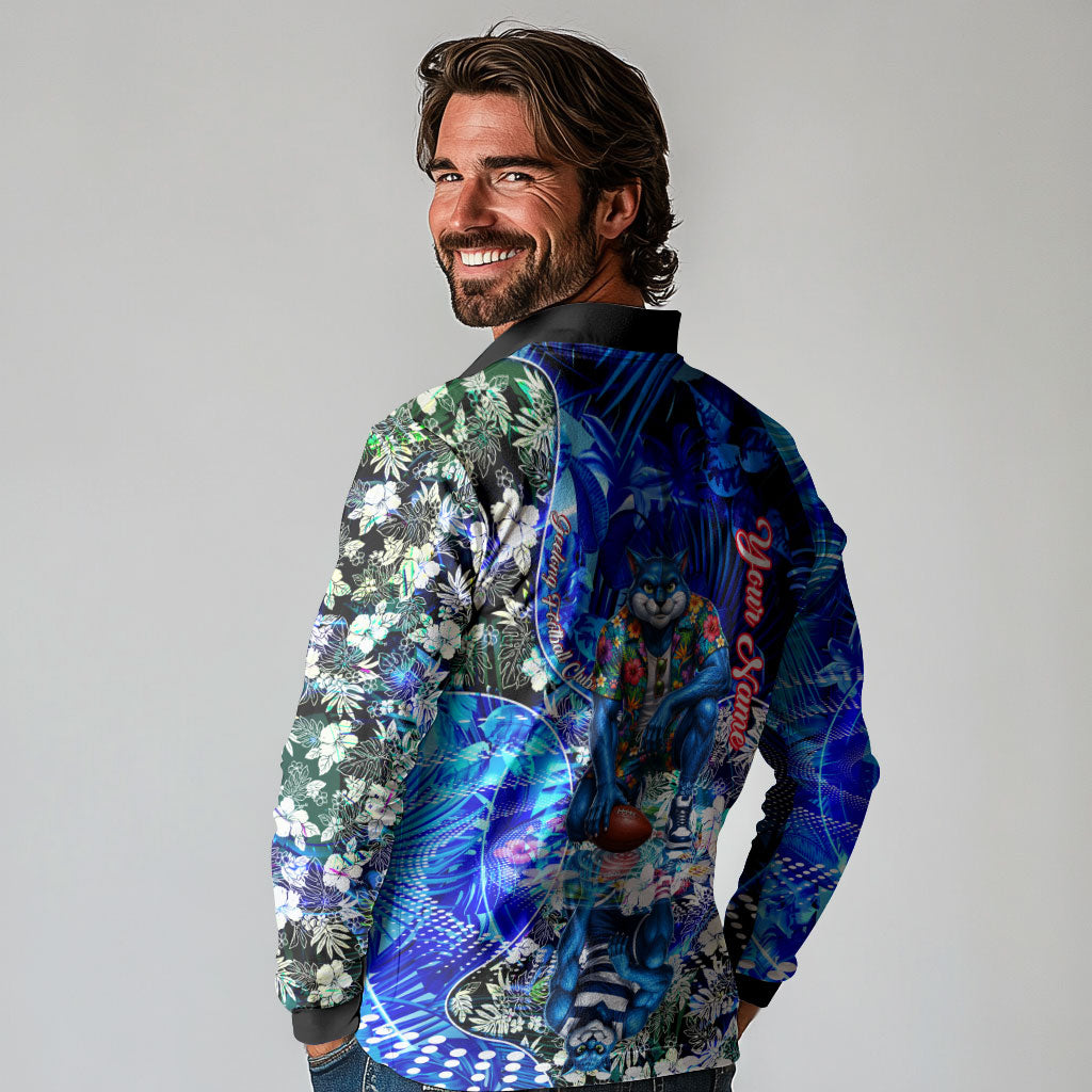 Personalized Geelong Football Cats Long Sleeve Polo Shirt Tropical Hibiscus Flowers - Pacific Fusion Style