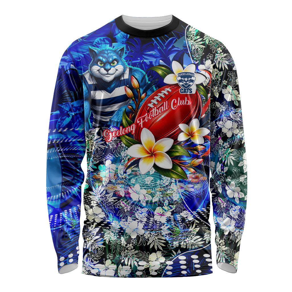 Personalized Geelong Football Cats Long Sleeve Shirt Tropical Hibiscus Flowers - Pacific Fusion Style