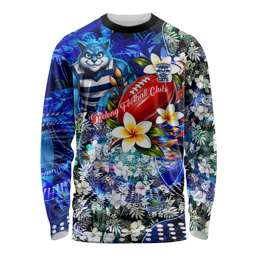 Personalized Geelong Football Cats Long Sleeve Shirt Tropical Hibiscus Flowers - Pacific Fusion Style