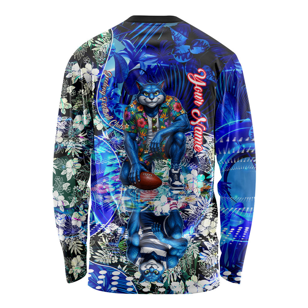 Personalized Geelong Football Cats Long Sleeve Shirt Tropical Hibiscus Flowers - Pacific Fusion Style