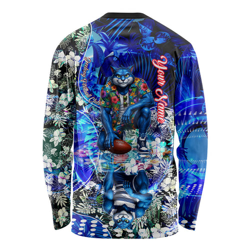 Personalized Geelong Football Cats Long Sleeve Shirt Tropical Hibiscus Flowers - Pacific Fusion Style