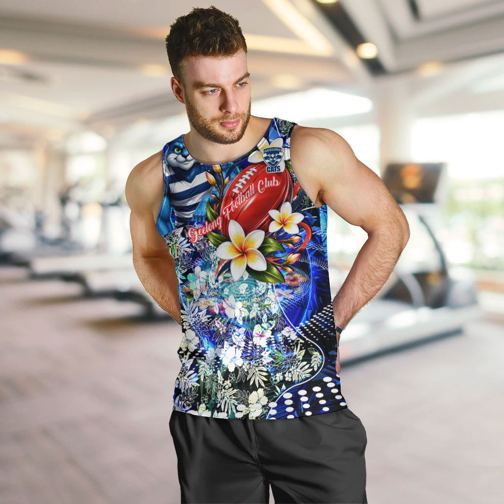 Personalized Geelong Football Cats Men Tank Top Tropical Hibiscus Flowers - Pacific Fusion Style