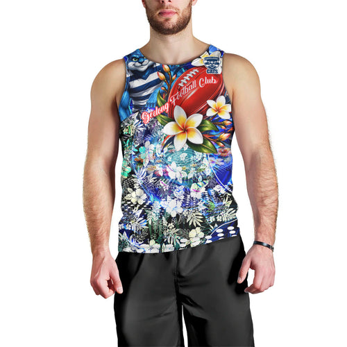 Personalized Geelong Football Cats Men Tank Top Tropical Hibiscus Flowers - Pacific Fusion Style