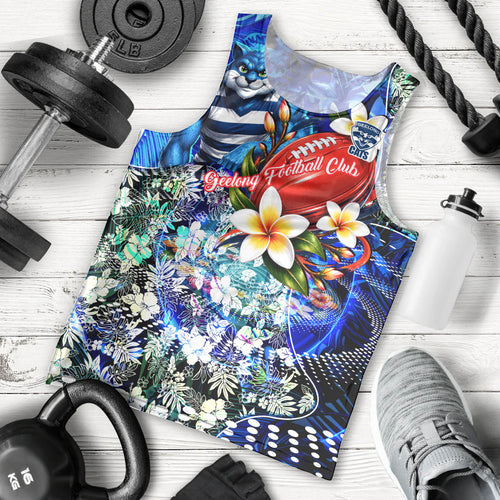 Personalized Geelong Football Cats Men Tank Top Tropical Hibiscus Flowers - Pacific Fusion Style