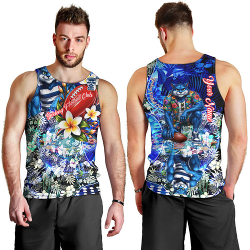 Personalized Geelong Football Cats Men Tank Top Tropical Hibiscus Flowers - Pacific Fusion Style