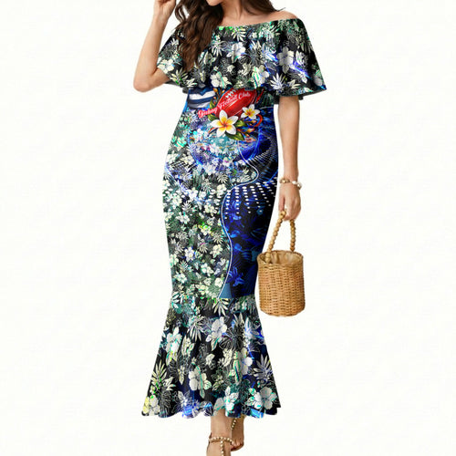 Personalized Geelong Football Cats Mermaid Dress Tropical Hibiscus Flowers - Pacific Fusion Style