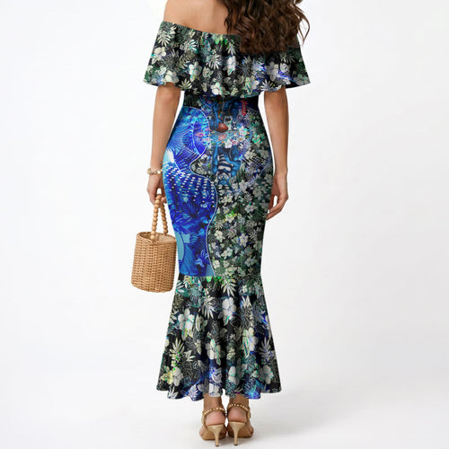 Personalized Geelong Football Cats Mermaid Dress Tropical Hibiscus Flowers - Pacific Fusion Style