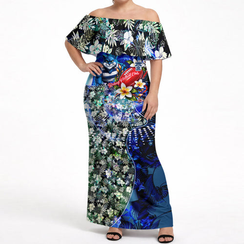 Personalized Geelong Football Cats Off Shoulder Maxi Dress Tropical Hibiscus Flowers - Pacific Fusion Style