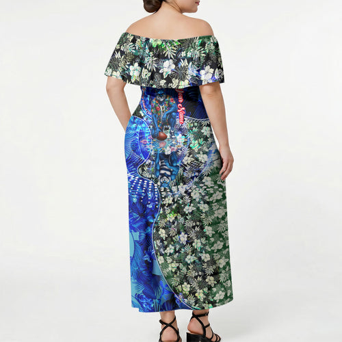 Personalized Geelong Football Cats Off Shoulder Maxi Dress Tropical Hibiscus Flowers - Pacific Fusion Style