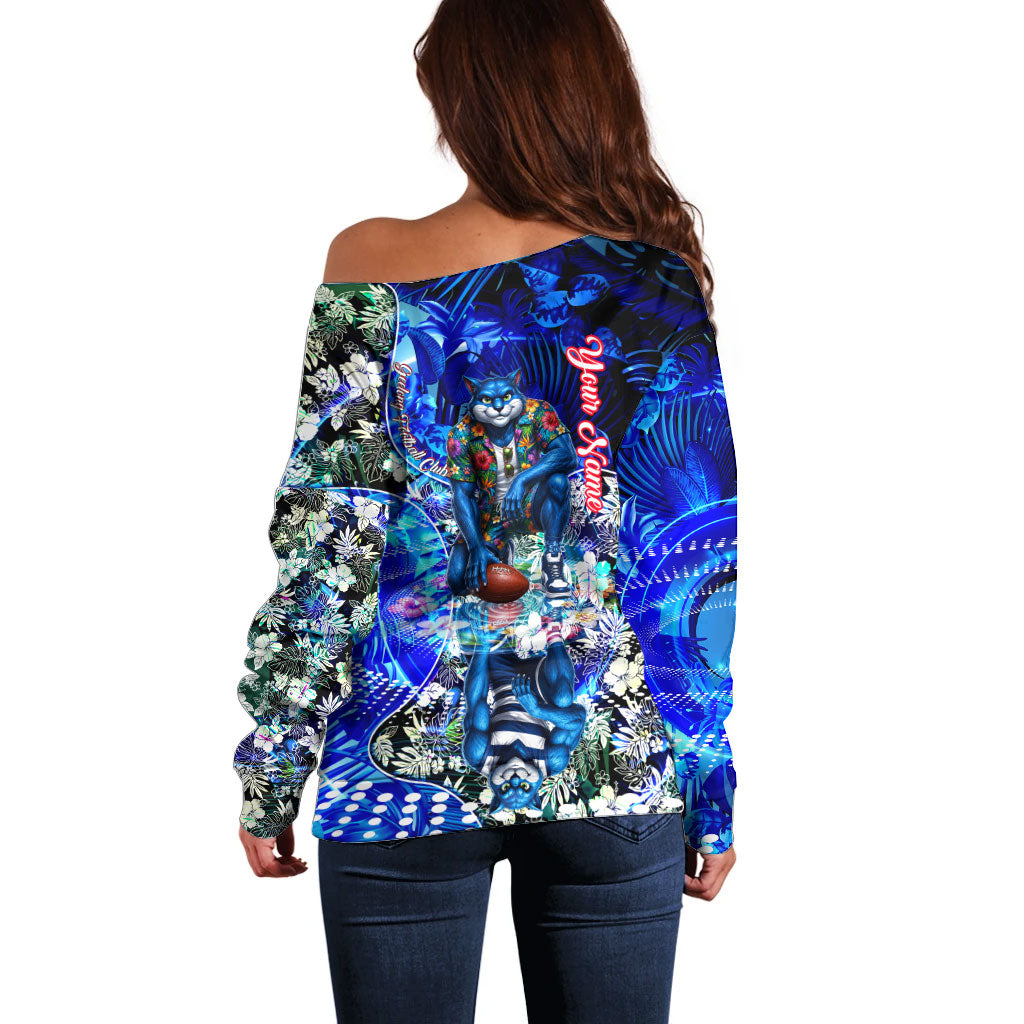 Personalized Geelong Football Cats Off Shoulder Sweater Tropical Hibiscus Flowers - Pacific Fusion Style