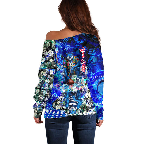 Personalized Geelong Football Cats Off Shoulder Sweater Tropical Hibiscus Flowers - Pacific Fusion Style