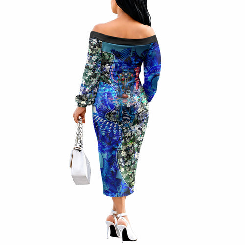 Personalized Geelong Football Cats Off The Shoulder Long Sleeve Dress Tropical Hibiscus Flowers - Pacific Fusion Style