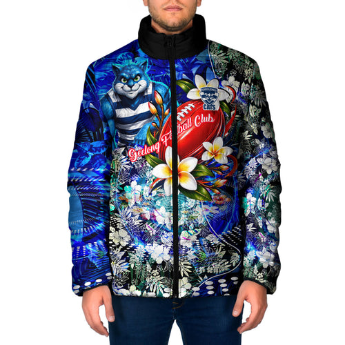 Personalized Geelong Football Cats Padded Jacket Tropical Hibiscus Flowers - Pacific Fusion Style