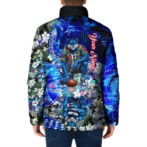 Personalized Geelong Football Cats Padded Jacket Tropical Hibiscus Flowers - Pacific Fusion Style