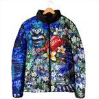 Personalized Geelong Football Cats Padded Jacket Tropical Hibiscus Flowers - Pacific Fusion Style