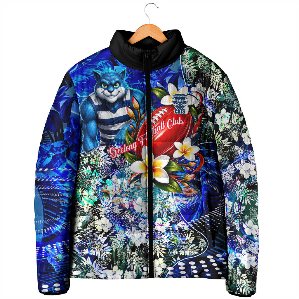 Personalized Geelong Football Cats Padded Jacket Tropical Hibiscus Flowers - Pacific Fusion Style