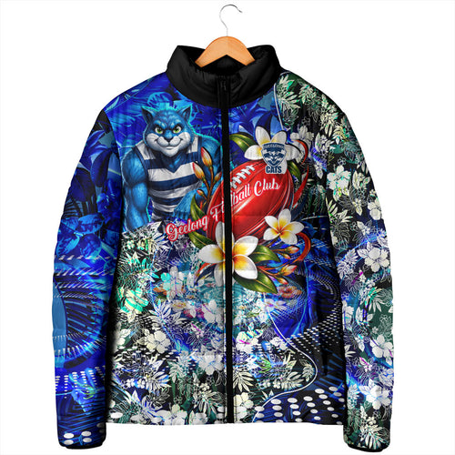 Personalized Geelong Football Cats Padded Jacket Tropical Hibiscus Flowers - Pacific Fusion Style
