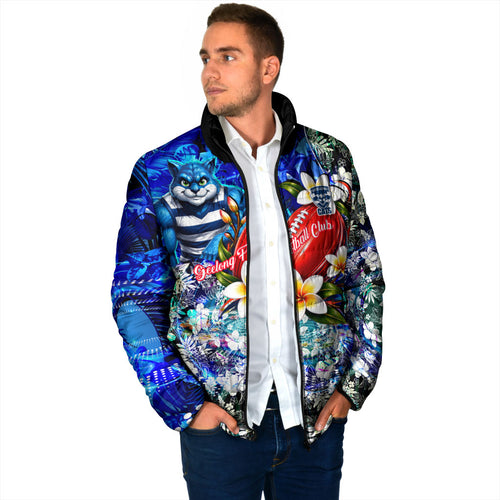 Personalized Geelong Football Cats Padded Jacket Tropical Hibiscus Flowers - Pacific Fusion Style