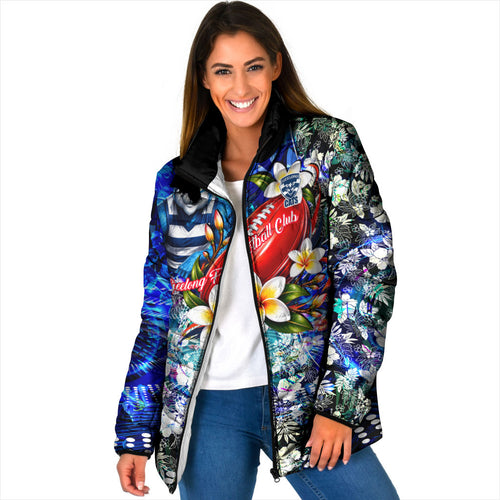 Personalized Geelong Football Cats Padded Jacket Tropical Hibiscus Flowers - Pacific Fusion Style