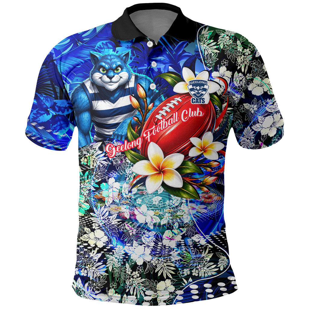 Personalized Geelong Football Cats Polo Shirt Tropical Hibiscus Flowers - Pacific Fusion Style