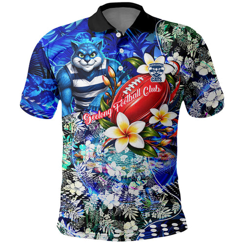 Personalized Geelong Football Cats Polo Shirt Tropical Hibiscus Flowers - Pacific Fusion Style