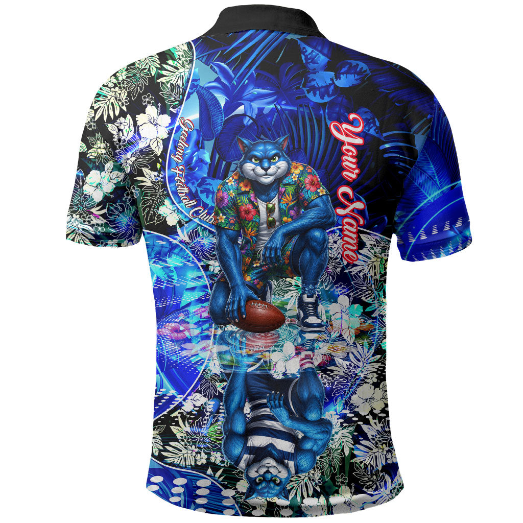 Personalized Geelong Football Cats Polo Shirt Tropical Hibiscus Flowers - Pacific Fusion Style
