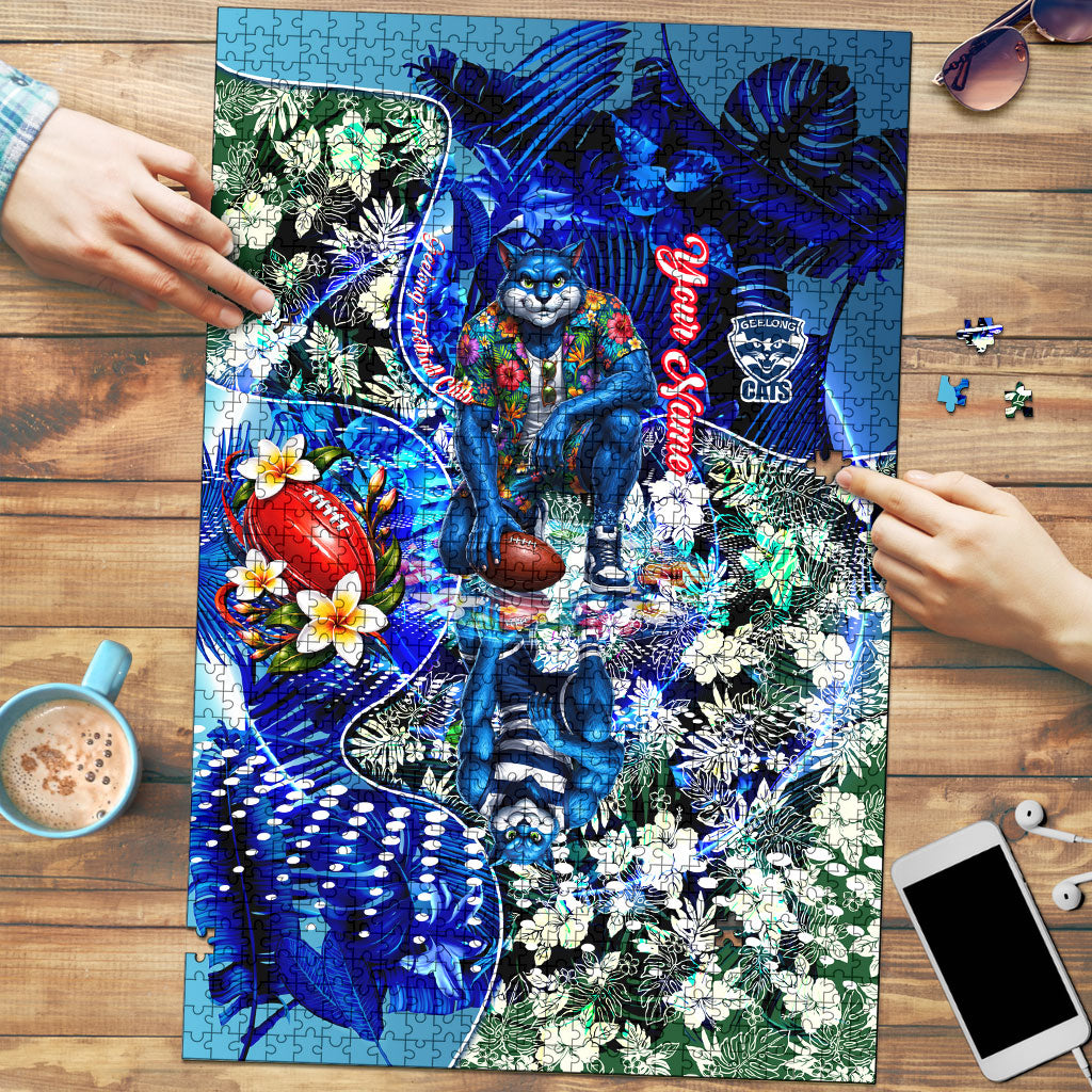 Personalized Geelong Football Cats Puzzle Tropical Hibiscus Flowers - Pacific Fusion Style
