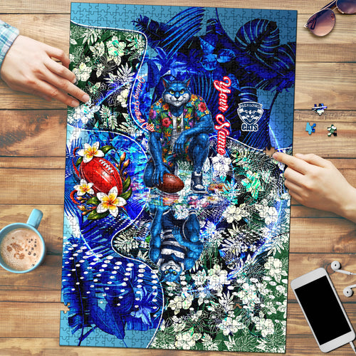 Personalized Geelong Football Cats Puzzle Tropical Hibiscus Flowers - Pacific Fusion Style
