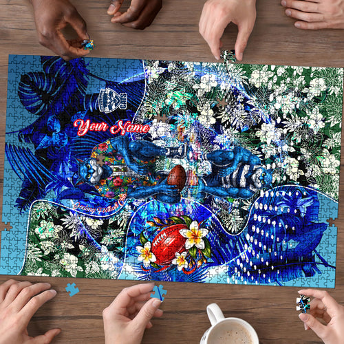 Personalized Geelong Football Cats Puzzle Tropical Hibiscus Flowers - Pacific Fusion Style