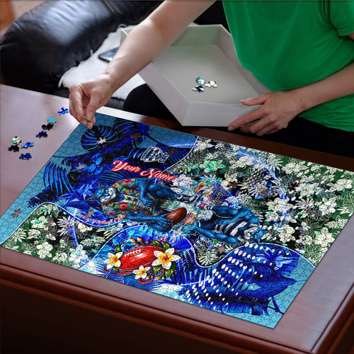 Personalized Geelong Football Cats Puzzle Tropical Hibiscus Flowers - Pacific Fusion Style