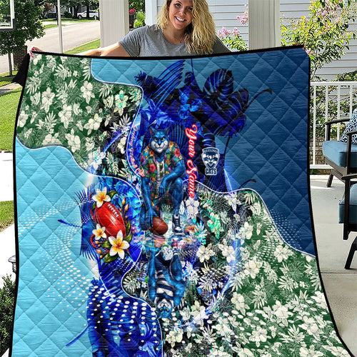 Personalized Geelong Football Cats Quilt Tropical Hibiscus Flowers - Pacific Fusion Style