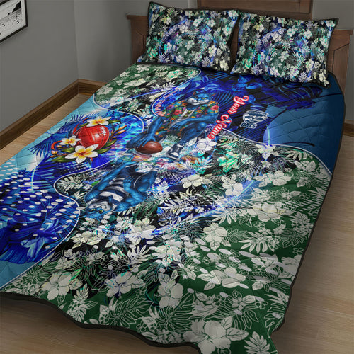 Personalized Geelong Football Cats Quilt Bed Set Tropical Hibiscus Flowers - Pacific Fusion Style