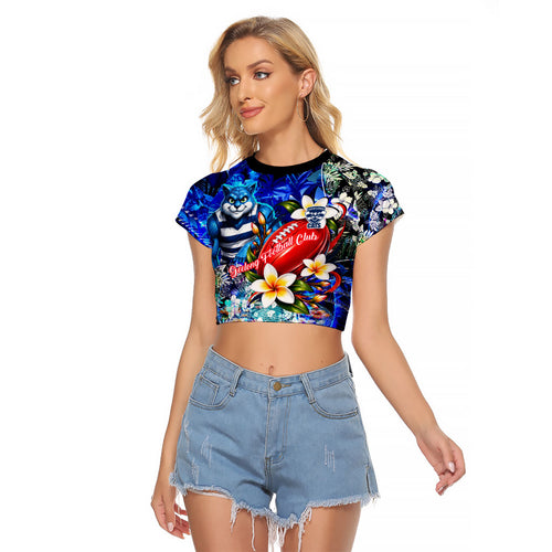 Personalized Geelong Football Cats Raglan Cropped T Shirt Tropical Hibiscus Flowers - Pacific Fusion Style
