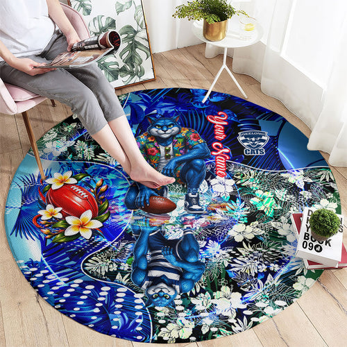 Personalized Geelong Football Cats Round Carpet Tropical Hibiscus Flowers - Pacific Fusion Style