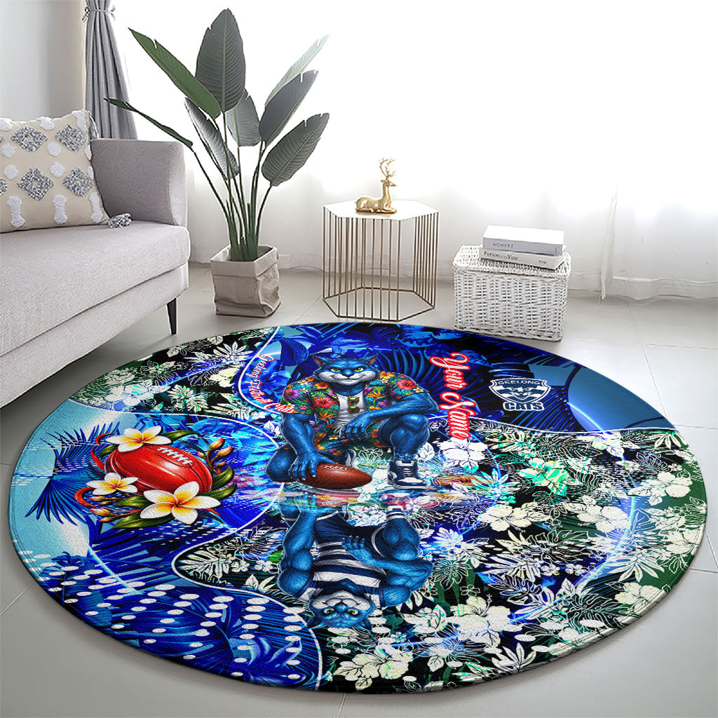 Personalized Geelong Football Cats Round Carpet Tropical Hibiscus Flowers - Pacific Fusion Style