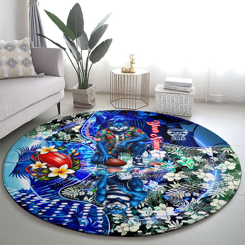 Personalized Geelong Football Cats Round Carpet Tropical Hibiscus Flowers - Pacific Fusion Style