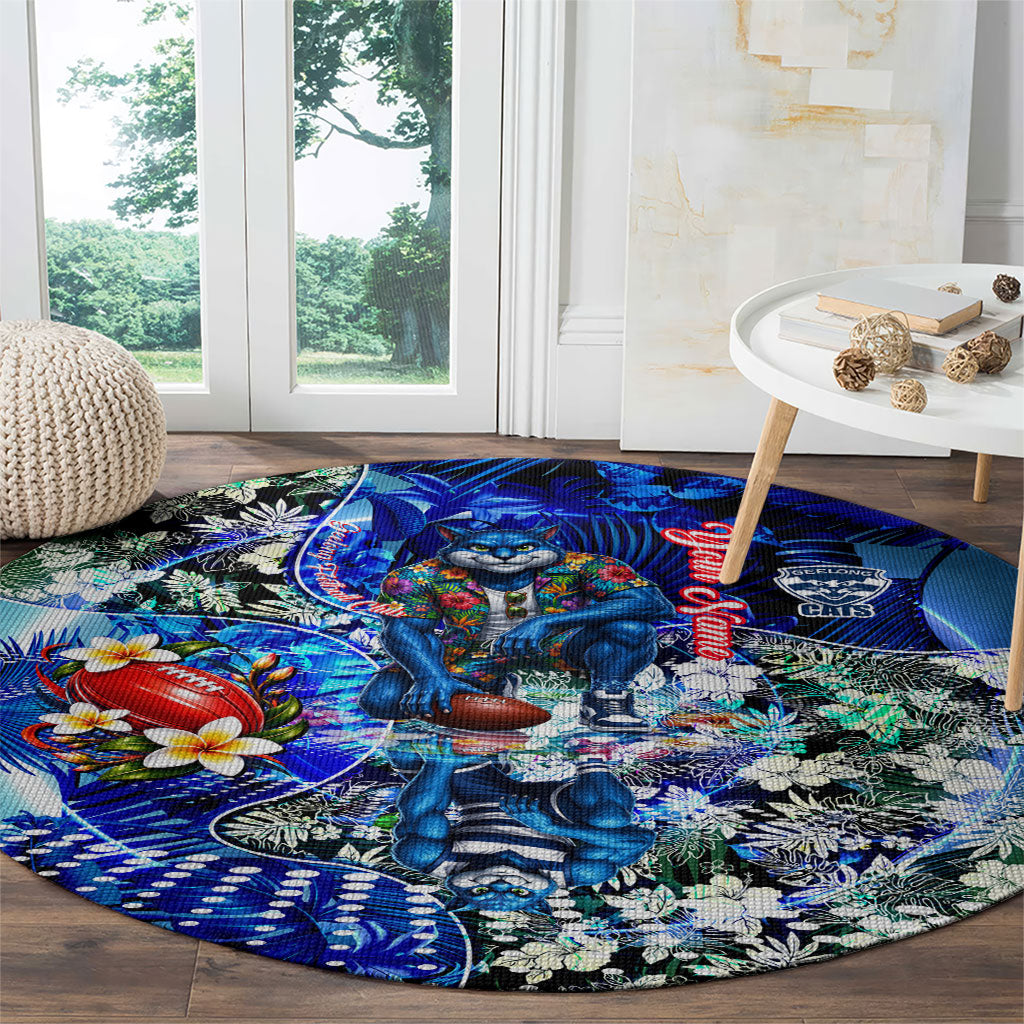 Personalized Geelong Football Cats Round Carpet Tropical Hibiscus Flowers - Pacific Fusion Style