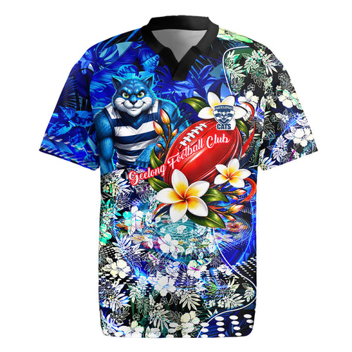 Personalized Geelong Football Cats Rugby Jersey Tropical Hibiscus Flowers - Pacific Fusion Style