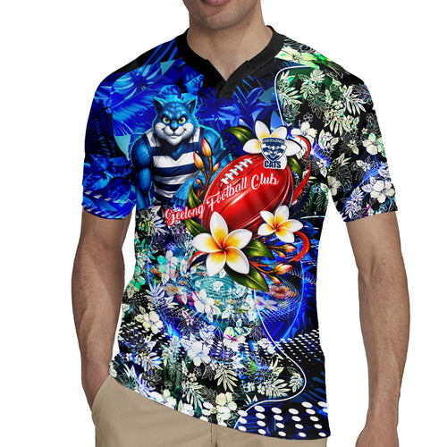 Personalized Geelong Football Cats Rugby Jersey Tropical Hibiscus Flowers - Pacific Fusion Style