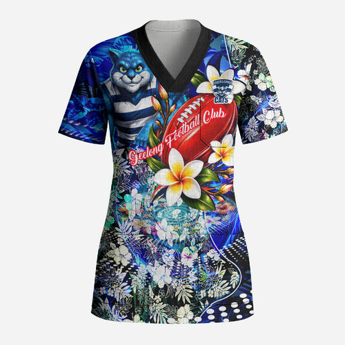 Personalized Geelong Football Cats Scrub Top Tropical Hibiscus Flowers - Pacific Fusion Style