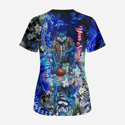 Personalized Geelong Football Cats Scrub Top Tropical Hibiscus Flowers - Pacific Fusion Style