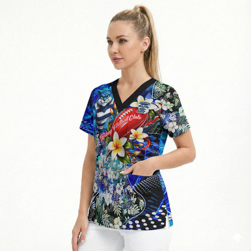 Personalized Geelong Football Cats Scrub Top Tropical Hibiscus Flowers - Pacific Fusion Style