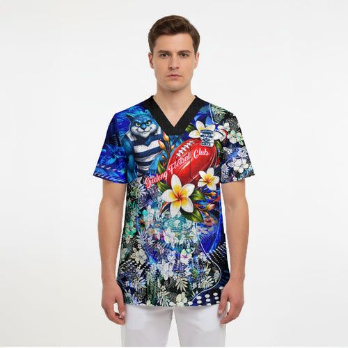 Personalized Geelong Football Cats Scrub Top Tropical Hibiscus Flowers - Pacific Fusion Style