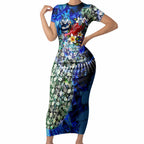 Personalized Geelong Football Cats Short Sleeve Bodycon Dress Tropical Hibiscus Flowers - Pacific Fusion Style