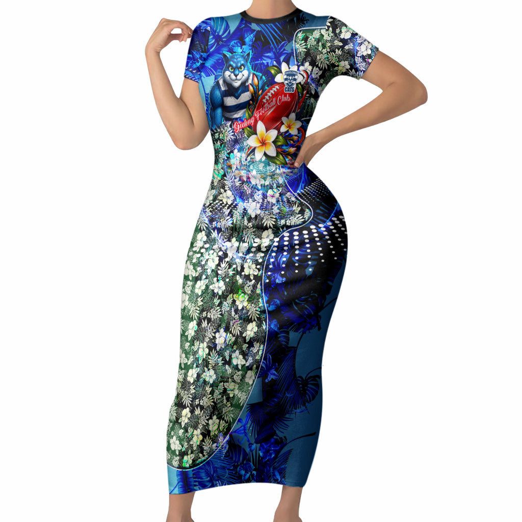 Personalized Geelong Football Cats Short Sleeve Bodycon Dress Tropical Hibiscus Flowers - Pacific Fusion Style