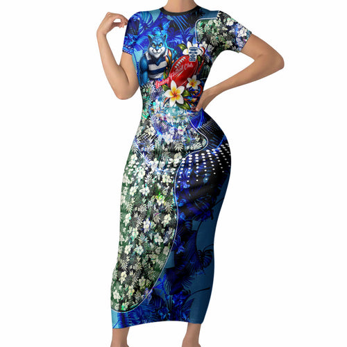 Personalized Geelong Football Cats Short Sleeve Bodycon Dress Tropical Hibiscus Flowers - Pacific Fusion Style
