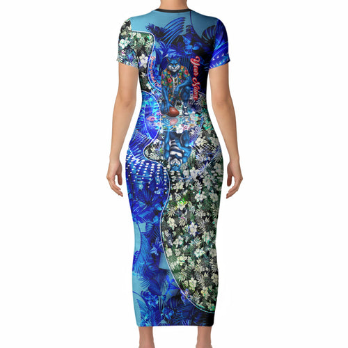 Personalized Geelong Football Cats Short Sleeve Bodycon Dress Tropical Hibiscus Flowers - Pacific Fusion Style