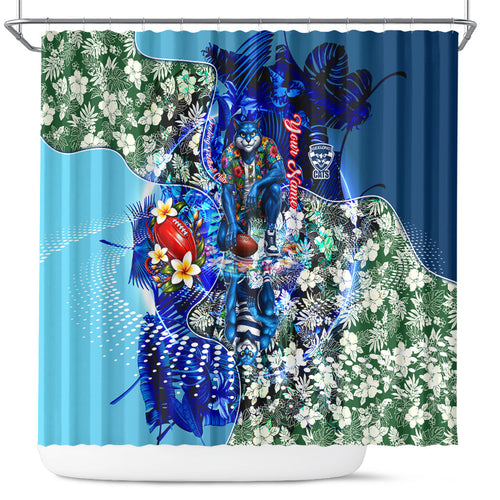 Personalized Geelong Football Cats Shower Curtain Tropical Hibiscus Flowers - Pacific Fusion Style